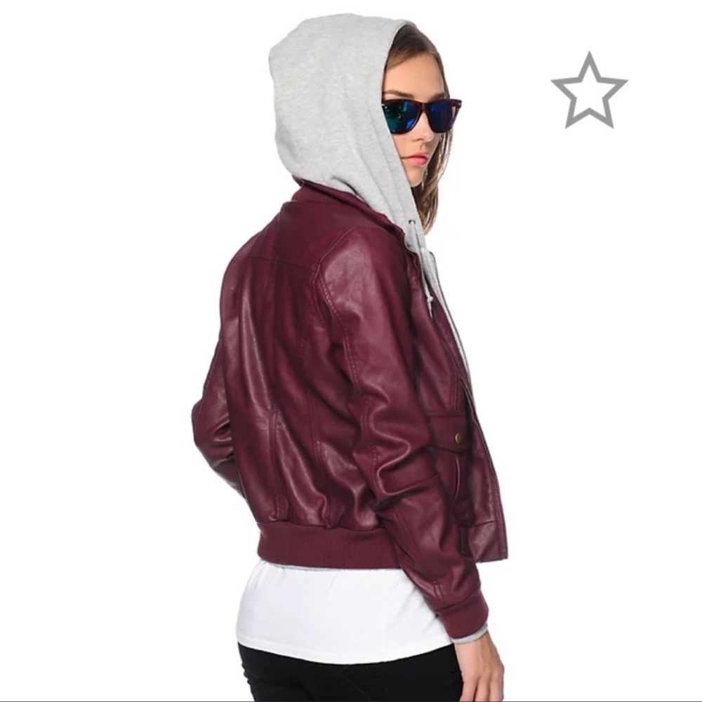 Obey Faux Leather Jacket Hoodie Red Back to School Fall Medium